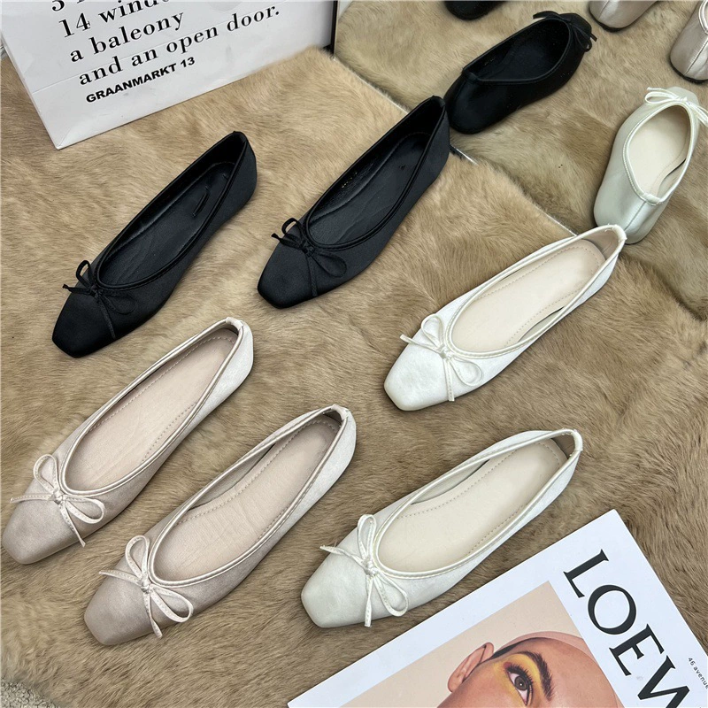 Нишевый дизайн французский нежный бант с квадратной головкой плоское дно одиночные туфли женский 2024 весной новый атласный лапша бобовая обувь