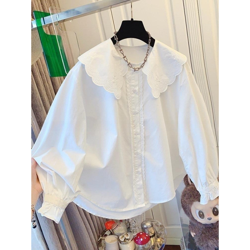 French-style fashionable embroidered ruffle collar lace white long-sleeve shirt, loose-fitting top for women, cotton, new autumn 2026 model French-style fashionable embroidered ruffle collar lace white long-sleeve shirt, loose-fitting top for women, cotton, new autumn 2026 model