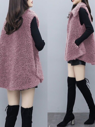 Women's New Autumn/Winter Faux Lamb Fleece Vests, Long-Sleeve Loose Peacoat Jacket