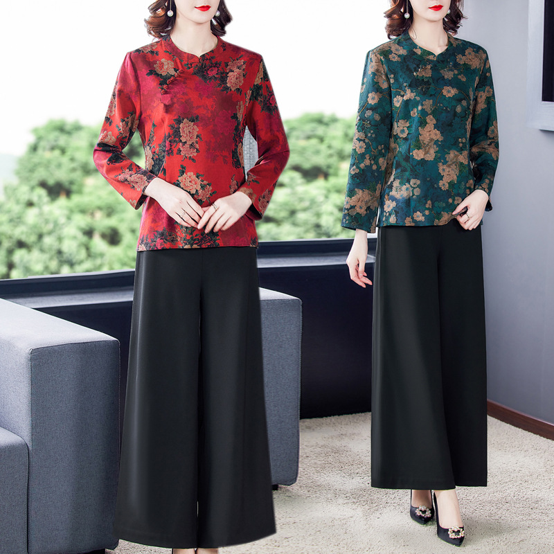 suit fashion mom Real silk gambiered Guangdong gauze Two piece set 2021 Wide leg pants Large shirt jacket