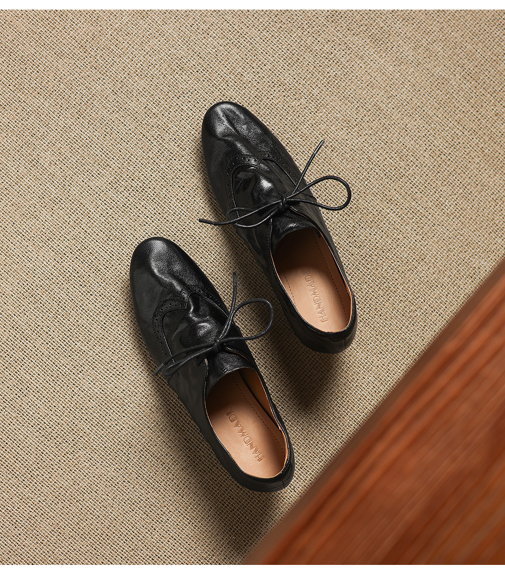 Giày loafer nữ da cừu buộc dây phong cách vintage, gót thấp vuông — màu nâu chi tiết 22