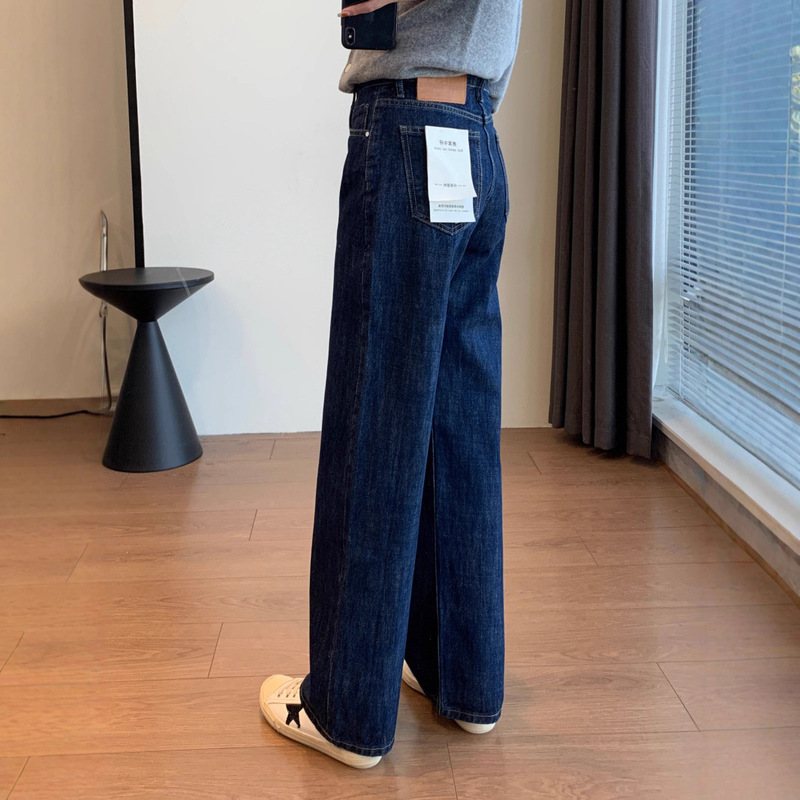 Super Leg-Straight Denim Original Dark Blue Cotton Red Cuffed High-Waist Slimming Look Red Ear Straight Jeans for Women Autumn