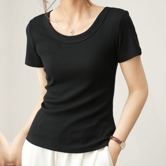 Shoulder Threaded T-shirt Women's Summer 2025 New Slim-fit All-match Slimming plus size U-neck High Elastic Short-sleeved Bottoming Top