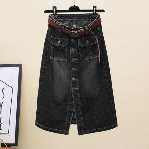 High-waisted slim-fit mid-length denim skirt with spring retro one-row button slits, butt-flattering A-line dress