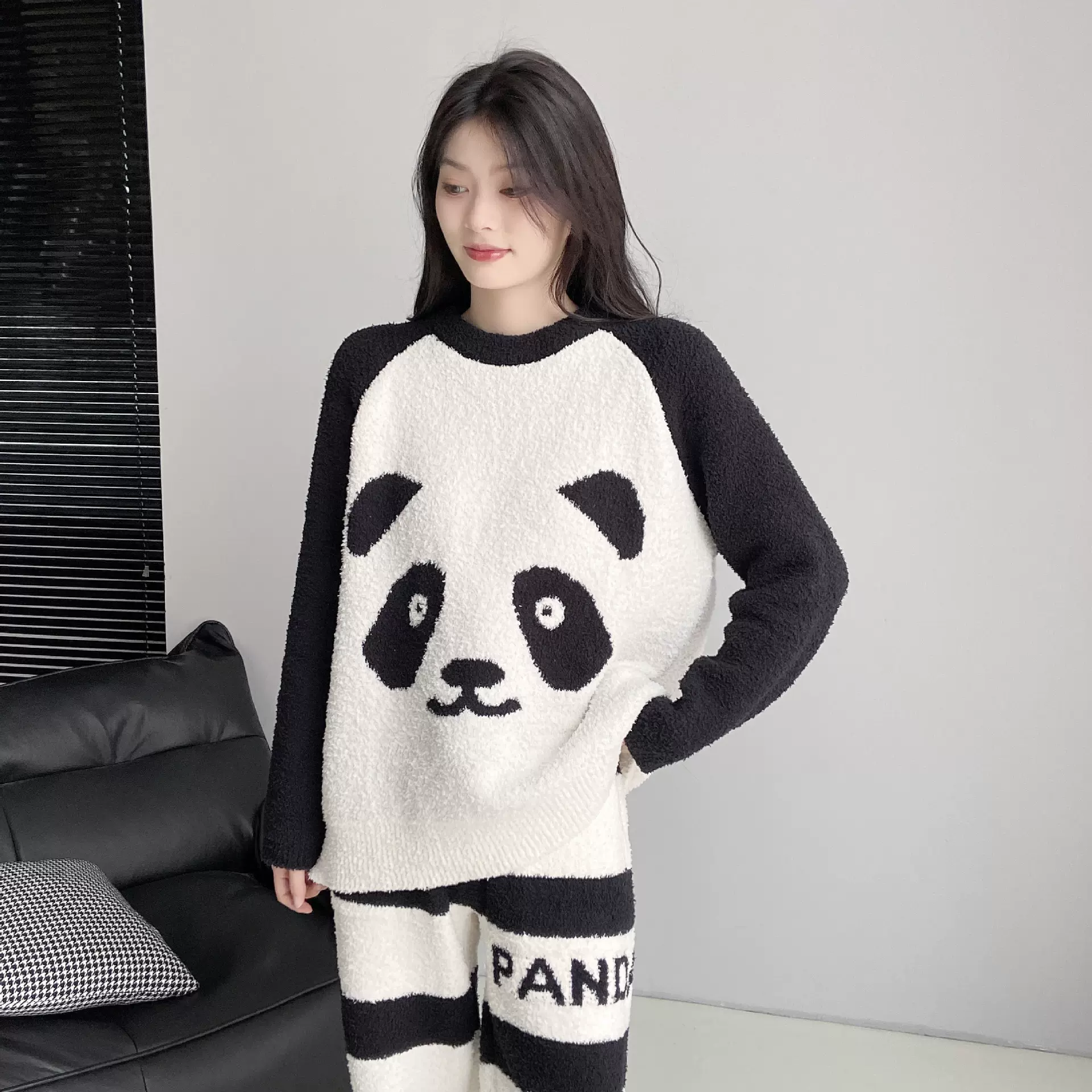 ins秋冬新款女士睡衣半边绒加厚保暖套装珊瑚绒卡通条纹套装