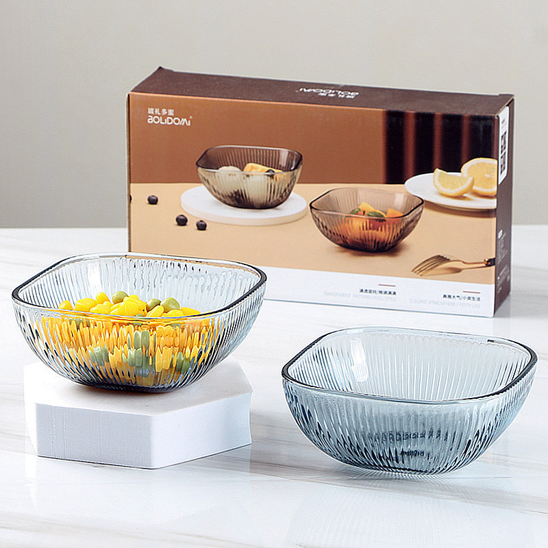 About 5 Yuan, Vertical-Striped Glass Cup and Bowl Two-Piece Set, Household Water Cup, Dessert Salad Bowl, Picnic Set, Picnic Box