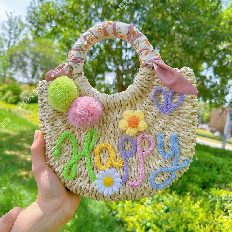 母の日毛玉レターストローバッグ DIY 素材バッグハンドバッグ夏休み織バッグ女性の花バッグ|undefined