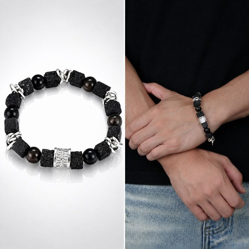 Lava Block Volcanic Stone Silver Ring Bracelet for Men, Unique Design Bracelet for Women, Fashionable, Luxurious, High-End Accessory