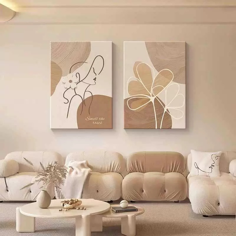 简约现代卧室床头装饰画原木奶油风客厅壁画抽象线条人物挂画双联