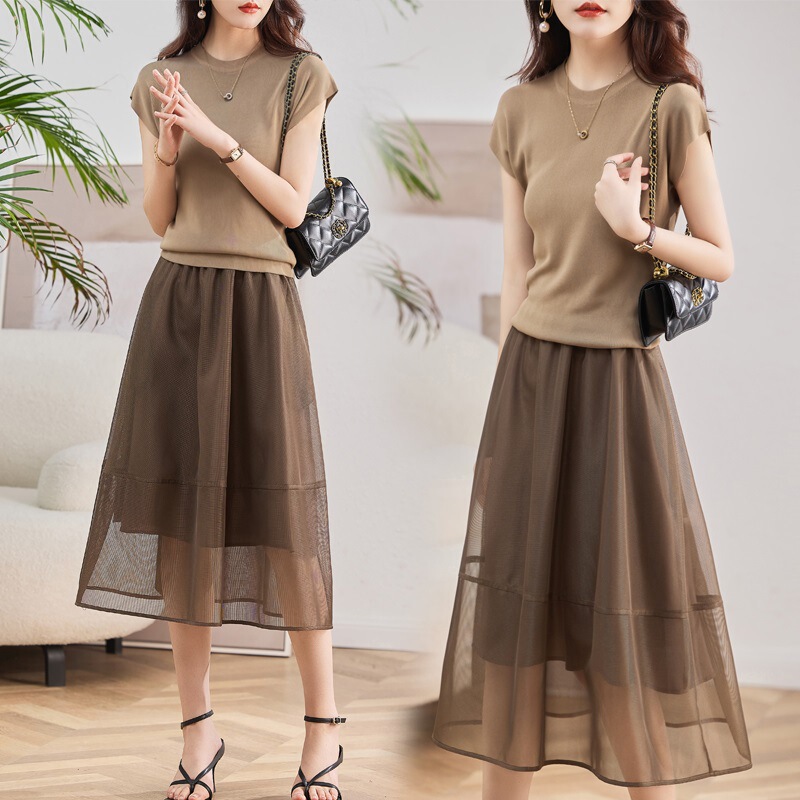 Organza Dress Women's Summer 2024 New Slim Elegant Waist Slimming Look Ice Silk Knitted Suit Skirt Two-Piece Set