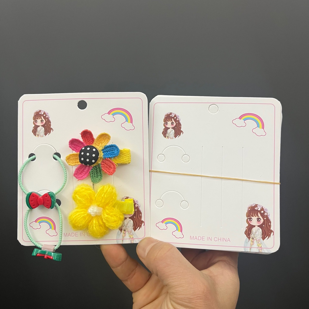 Kp770彩虹小女孩款式头绳发夹套装卡片卡通发饰品包装卡片发卡片