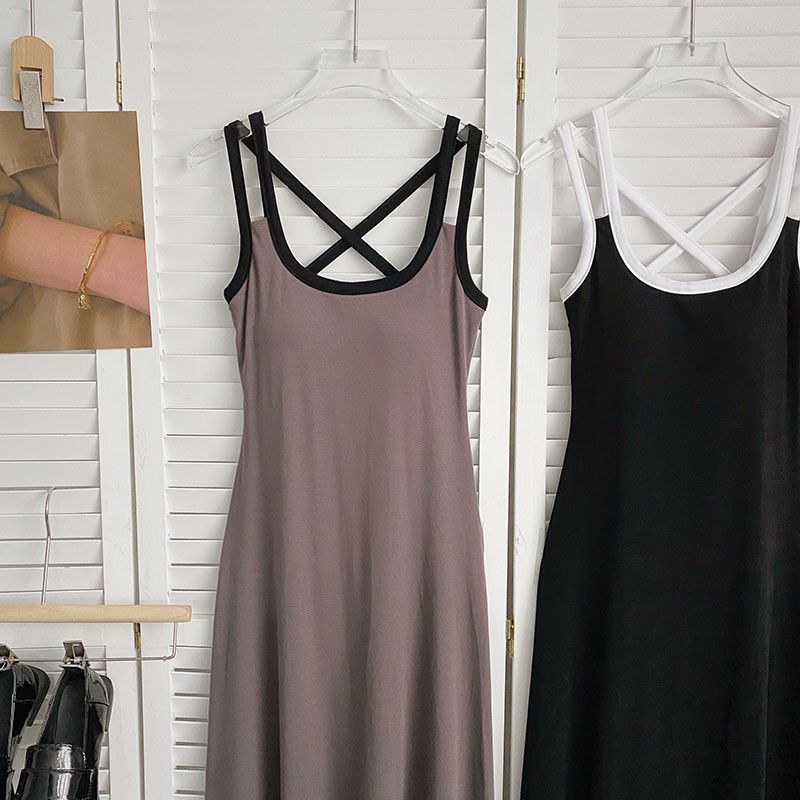 콘트라스트 더블 숄더 벨트 조끼 원피스 여자 봄 새 한국식 슬림핏 슬리밍 가슴 패드와 함께 올매치 롱 원피스