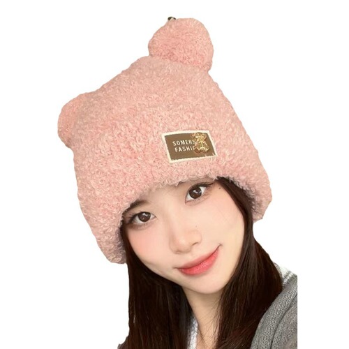 Earless Bear Warm Hat for Girls, Autumn and Winter Thicken Fleece Knitted Hat, Korean Version Cute Fashion Ear Protection Hat for Girls in Winter