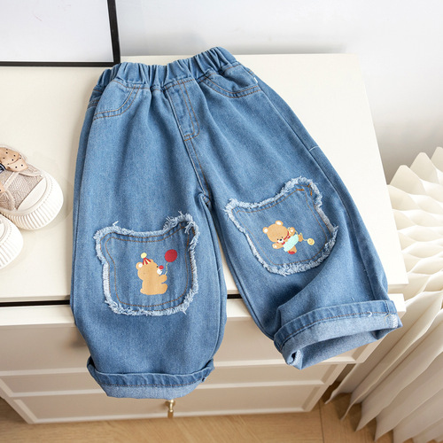 Spring Children's Cartoon Print Teddy Bear 2024 Korean New Style Fashionable and Versatile Wide Leg Straight Through Jeans for Girls 