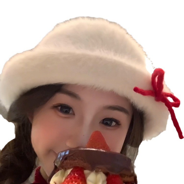 Sweet Plush Pot Autumn/Winter Bow Flip over Eaves Warm Fisherman's Versatile Ins Gold Top Hat Shows Small Face_viptrois.com
