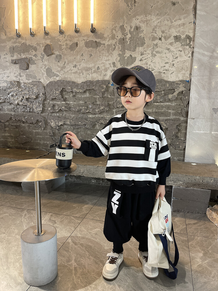 Suéteres de rayas para niños, botas, pantalones, ropa de primavera y otoño, nuevo conjunto de dos piezas moderno y moderno para niños,_voghion.com