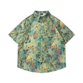 复古花卉满印短袖衬衫男女夏季潮牌街头百搭休闲情侣海边度假衬衣