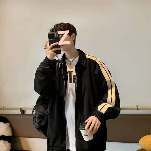 Men's High Street Ins Hong Kong Style Embroidered Belt Collar Student Jacket Spring and Autumn Season National Trend Fashion Loose Casual Top