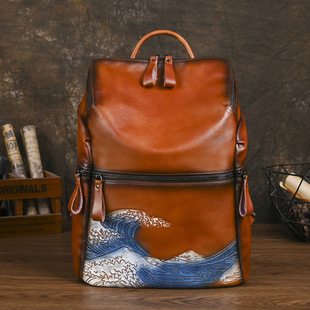 Leather retro capacious universal backpack for men and women, cowhide