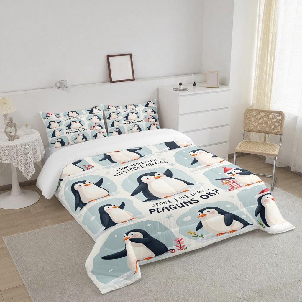TEMU / JIT lindo pingüino impresión digital 3D 180gms suave y cómodo colcha colchón conjunto de almohada
