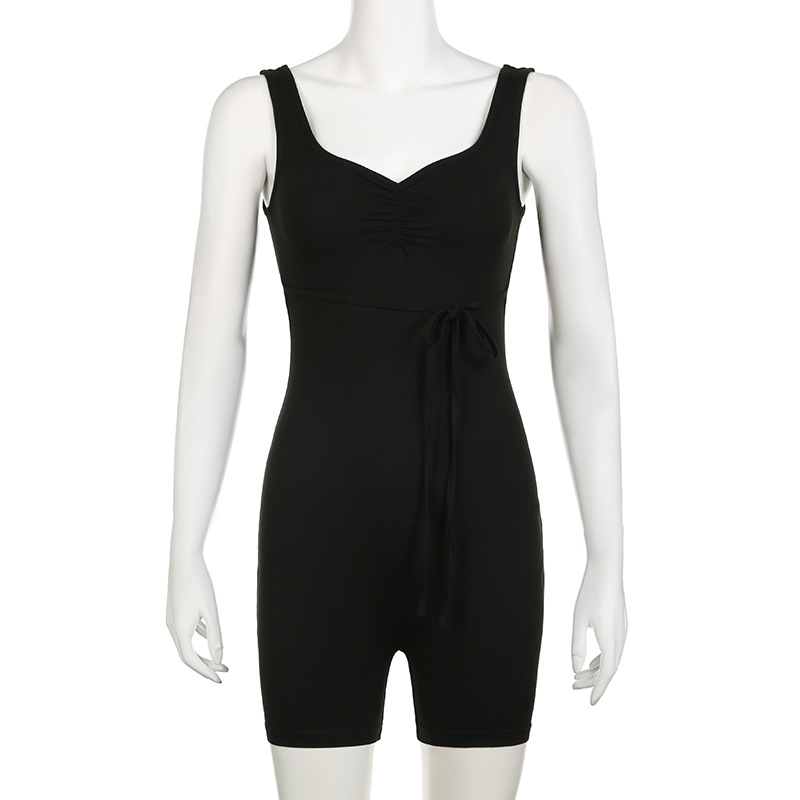 Casual Street Solid Color Square Collar Cross Hollow Out Cutout Backless Lace up Sports Jumpsuit Yoga Fitness One Piece Trousers