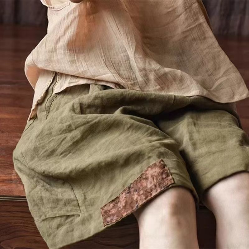 Casual Versatile Summer New Retro Cotton and Linen Casual Shorts Patchwork Loose High-Waisted Slimming Wide Five-Point Shorts