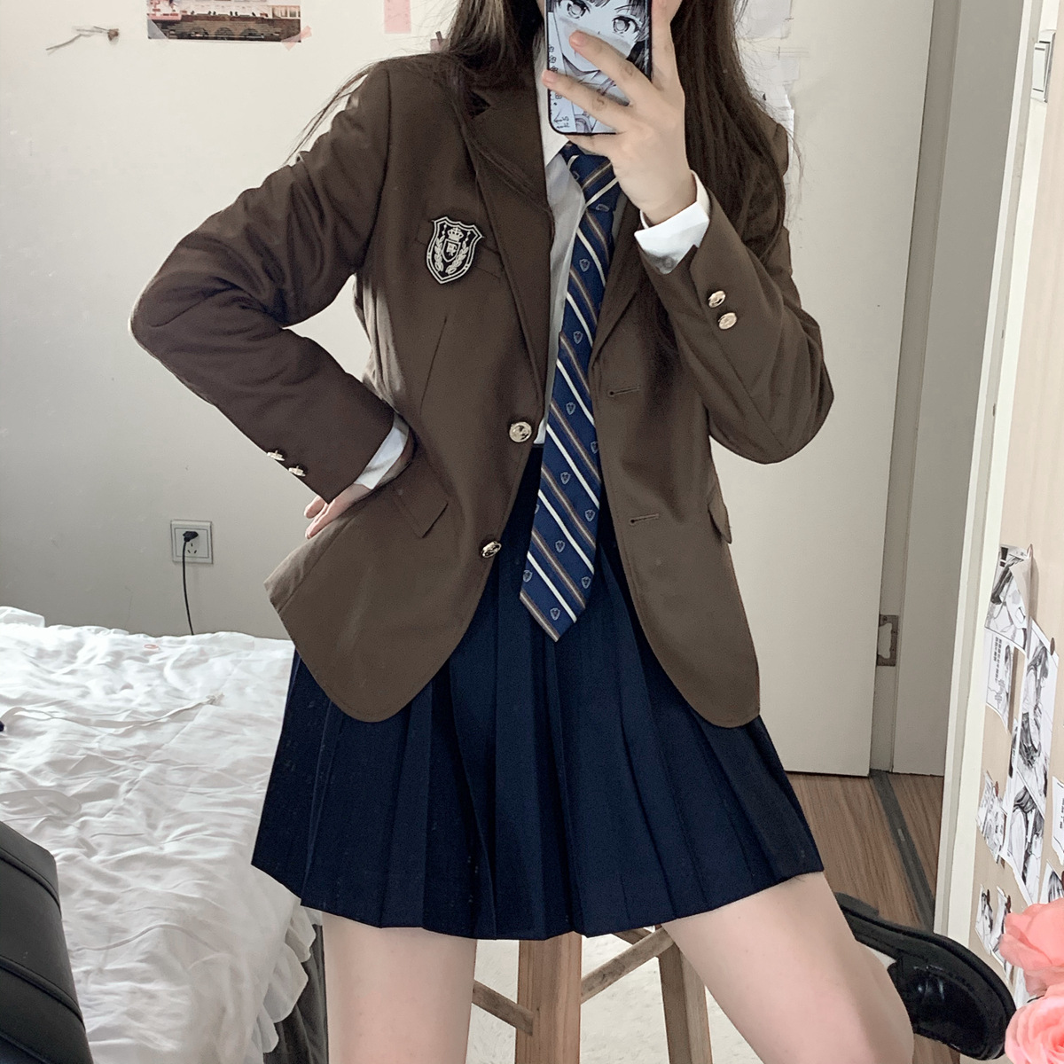 원래 일본 JK 유니폼 기본 22 주름 치마 소녀 학교 유니폼 클래스 높은 허리 솔리드 컬러 스커트