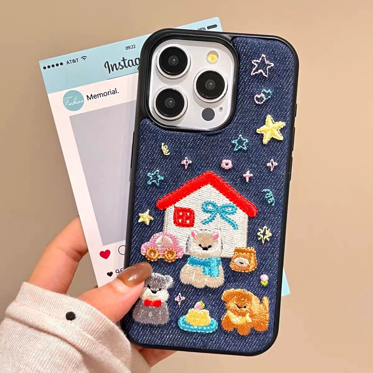 Корейский осенне-зимний джинсовый чехол с вышивкой, подходит для 16 Pro Max/15 Pro/13, забавный домик для собачки, милые стили
