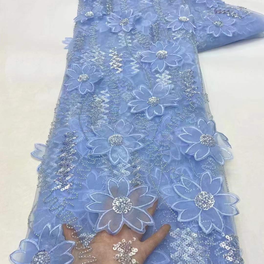 现代高端品质新中式旗袍面料重工激光花珠片刺绣礼服绣花布MN2790