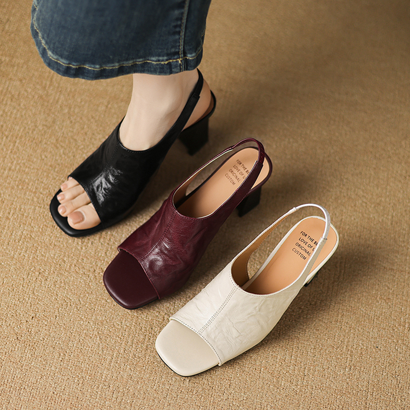 Sandal cao gót nữ hở mũi quai ngang gót vuông 7 cm mũi vuông phong cách Hàn — Đen và cao 7 cm