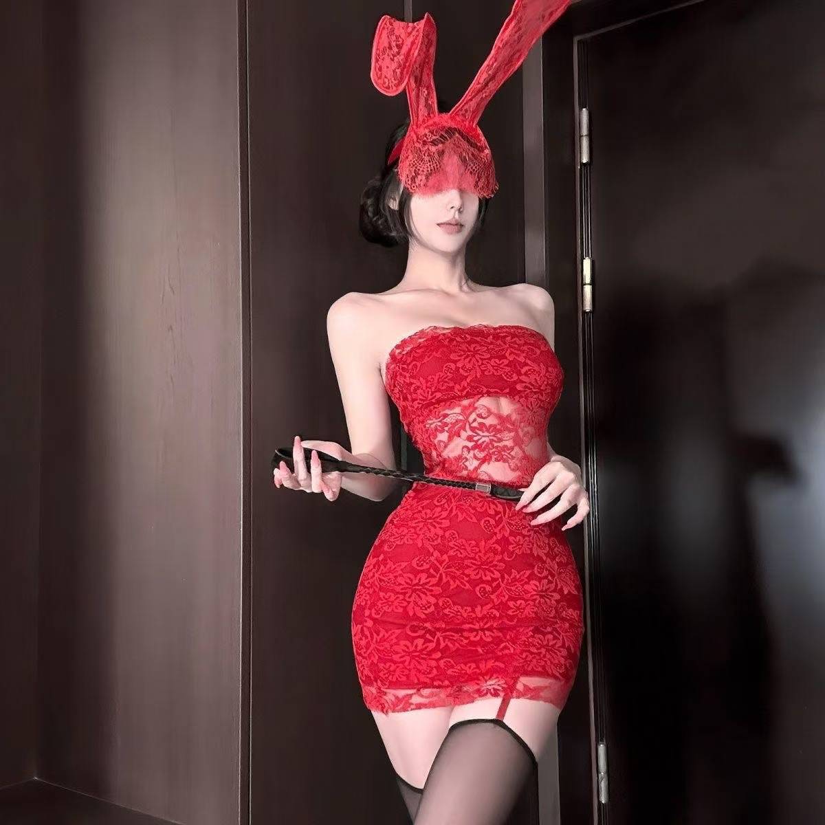 Retro Lace One-Shoulder See-Through Babydoll Dress with Garters and Veil Ears — detail image 2