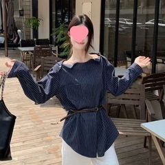 大码条纹一字肩长袖衬衫女秋季法式微胖宽松显瘦高级感气质上衣潮