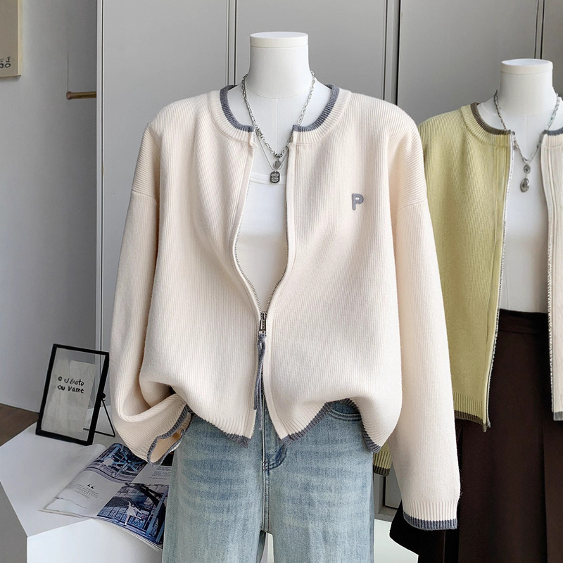 Early Autumn Loose Double Zipper Short Outer Knitted Cardigan for Women Spring and Autumn New Pure Color Letter Embroidered Sweater Jacket