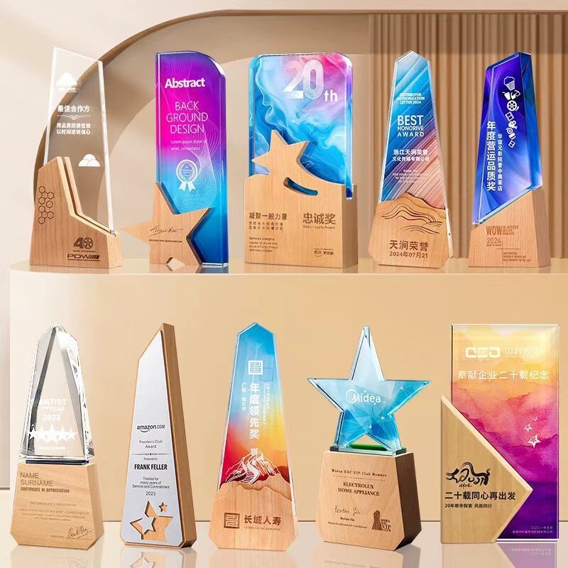 Solid Wood Crystal Trophy Medal Custom Creative Champion Outstanding Employee Team Sales Event Annual Meeting Awards