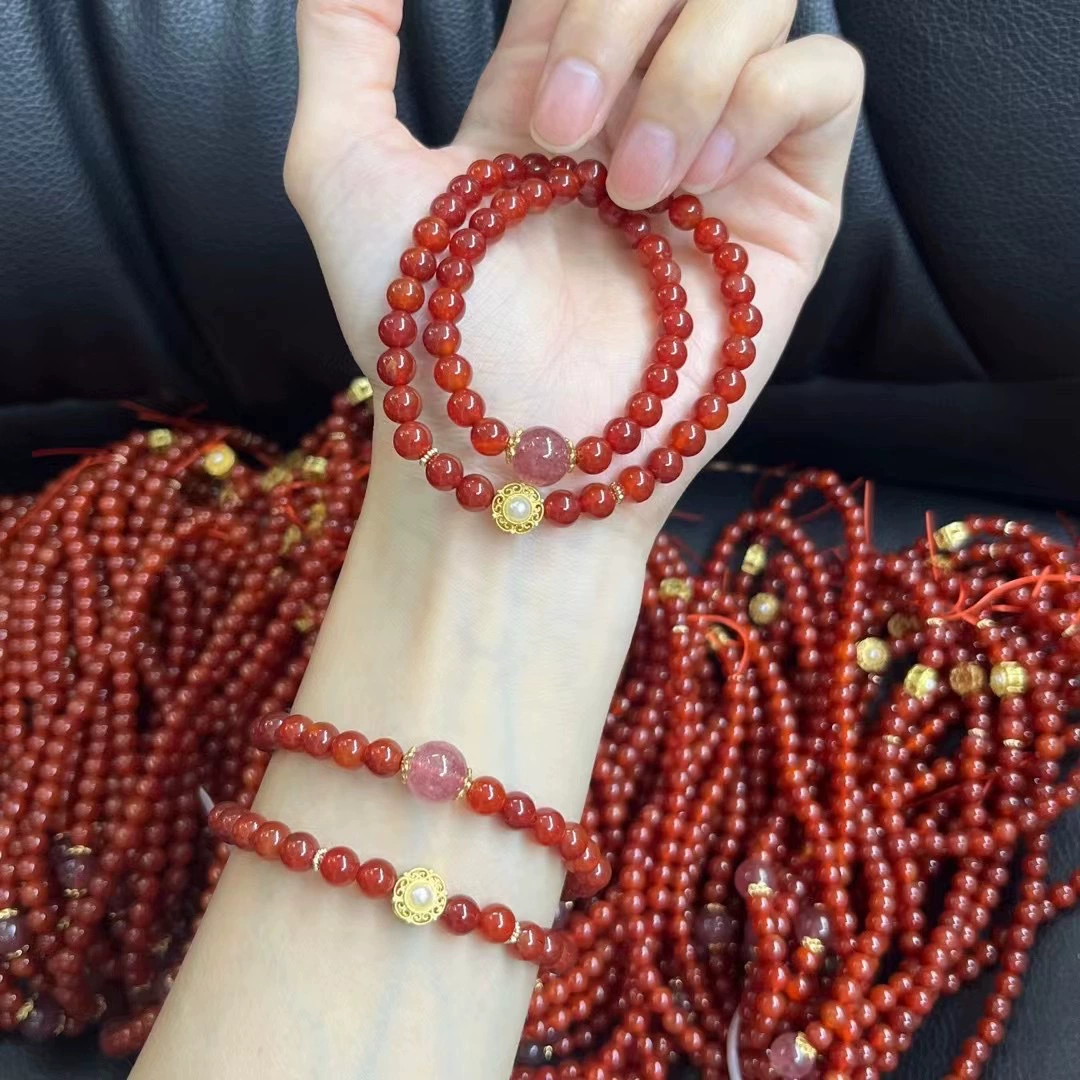 Натуральный красный агатовый браслет южный красный нити жемчуг с несколькими кругами бусины клубничный кристалл летняя мода подарок на день рождения в прямом эфире