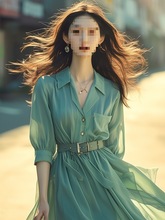 品折扣漂亮薄荷曼波风穿搭气质感绿色衬衫真丝雪纺连衣裙夏