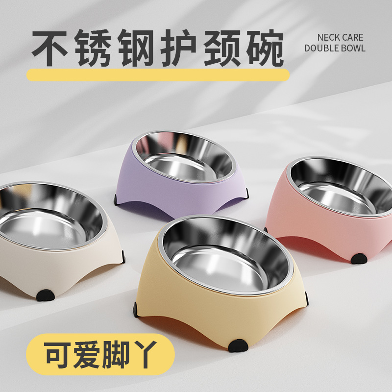 Cuenco de acero inoxidable para protección cervical de gatos, almohadilla para patas de gato, cuenco individual, cuenco inclinado de dibujos animados para protección cervical de perros