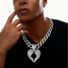 新品满钻合金翅膀吊坠亚马逊古巴链项链欧美玛瑙潮款心形坠子