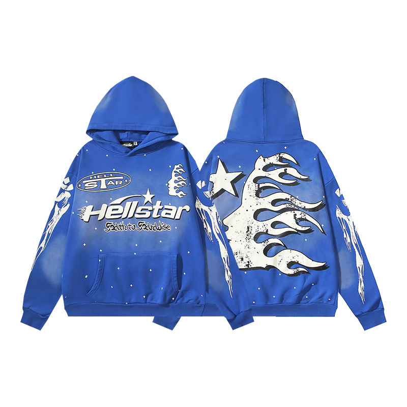 Hellstar ヨーロッパとアメリカのトレンディなブランド、ハイストリート、レトロ、ウォッシュド、ダメージ加工、プリント、ストリート、ルーズフィットのパーカー、男性用と女性用のスウェットシャツ|undefined