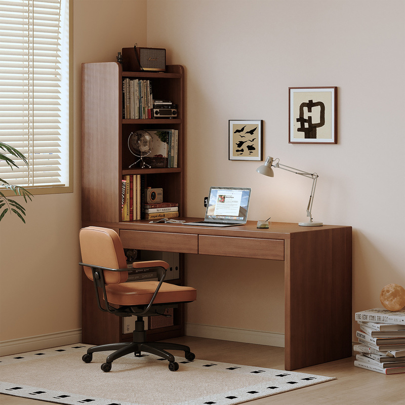 Solid wood desk with bookshelf, integrated table, computer desk, home office desk, bedroom wall-mounted corner desk with drawers Solid wood desk with bookshelf, integrated table, computer desk, home office desk, bedroom wall-mounted corner desk with drawers