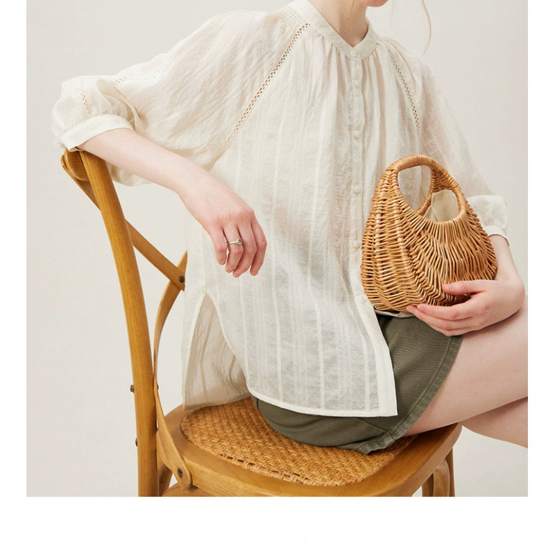 Новая готовая рубашка Fan Silan En с рукавом три четверти, элегантный воротник-стойка, свободный топ в ленивом стиле, весна 2025 г.