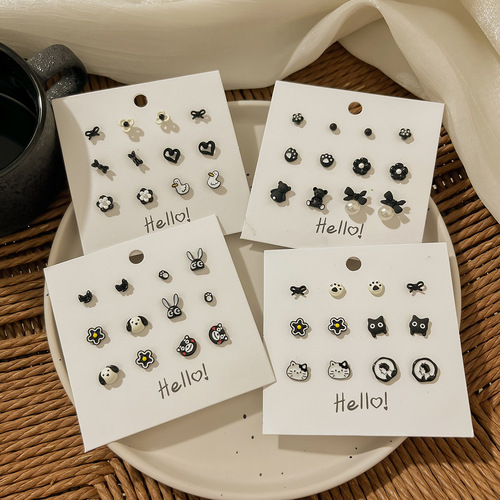 s925 autumn/winter new black earring set simple versatile elegant atmospheric fashionable earrings white-enhancing sweet earring accessories