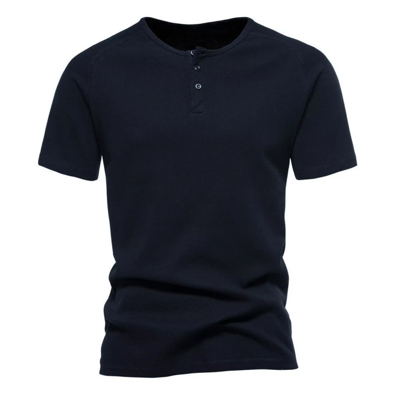 Grey slim-fit, waist-cinching Henley shirt, short-sleeved, men's summer American style heavyweight muscular T-shirt, fitness base layer.