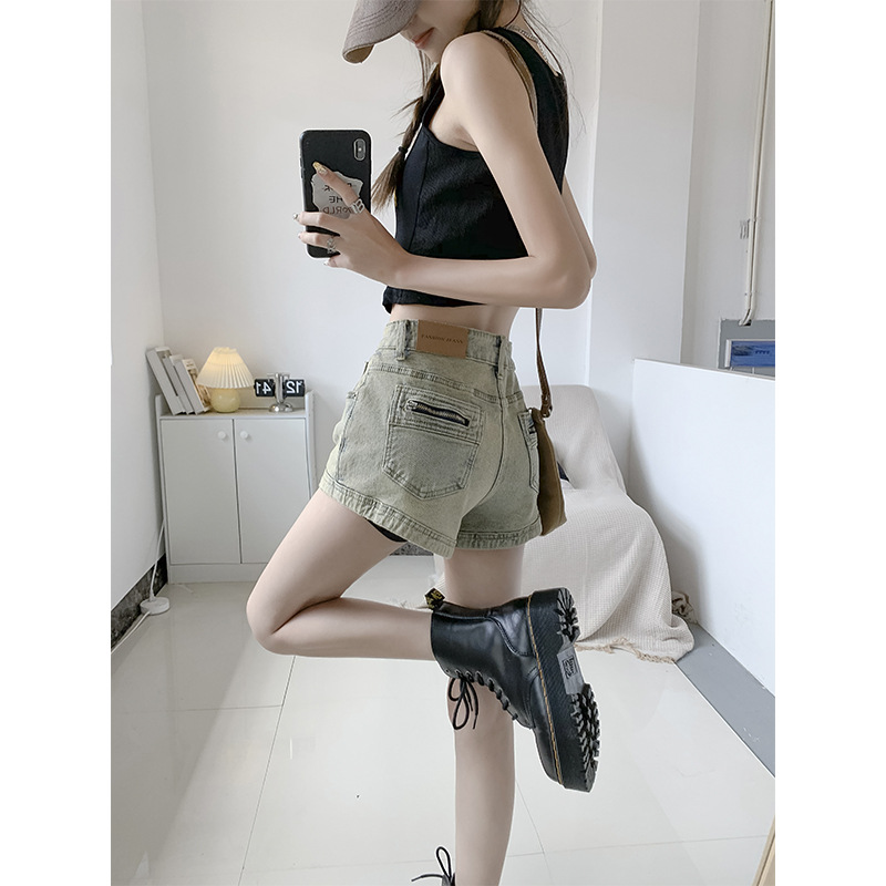 Pantalones cortos vaqueros para mujer, estilo retro americano, cintura alta
