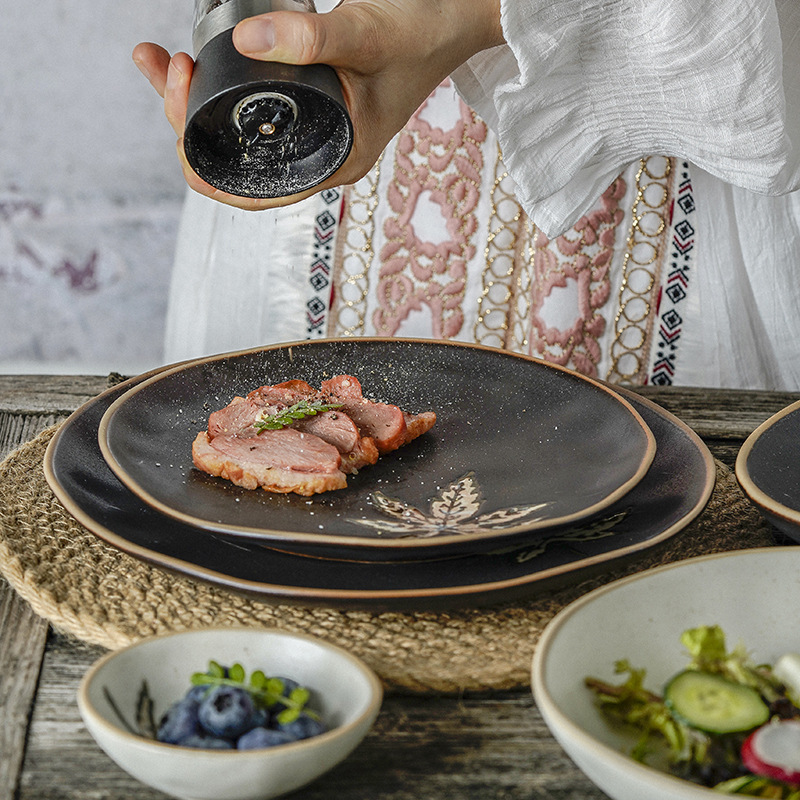 Dish Set for Home Use, Maple Leaf Retro Rustic Ceramic Tableware, High-End Japanese-Style Bowls and Plates, Chinese-Style Light Luxury Rice Bowls and Dinner Plates