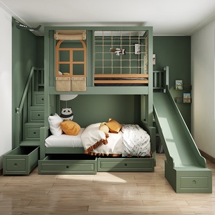 All Solid Wood Children's Bunk Bed, Bunk Bed, High and Low Bunk Bed for Boys and Girls, High Guardrail Tree House