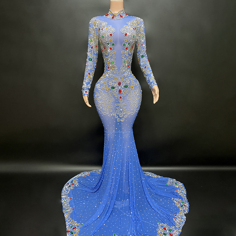 2024 Luxurious All Diamond Long Evening Dress Formal Elegant Royal Blue Cocktail Dress Evening Dress Long Sleeve