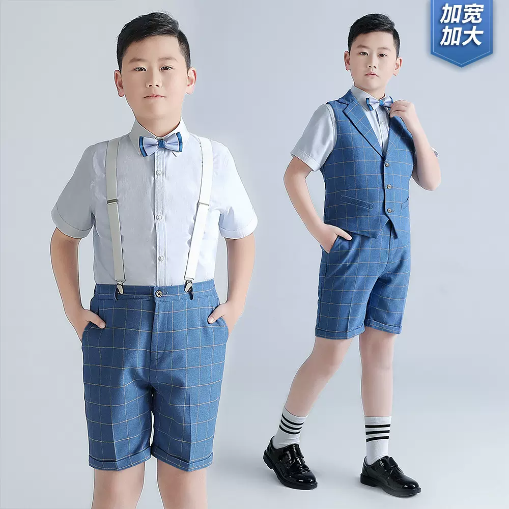 男童礼服夏季新款加肥加大短袖背带裤套装胖版中大童演出衣服代发
