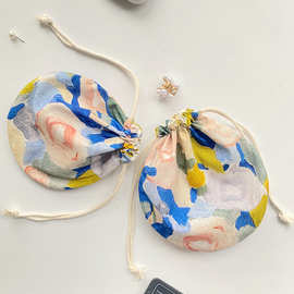 现货全棉油画印花束口袋半圆形双层棉布内胆布包口红小物件收纳袋