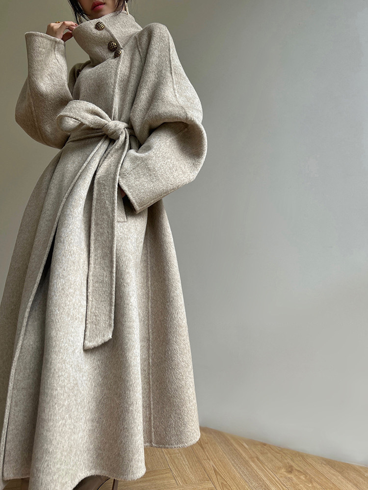 Lanyu Bay 2025 Long-Sleeved New Stand-Up Collar Double-Sided Wool Outwear Women's Long Lace-Up Cashmere Outwear